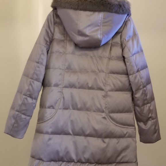 EUC TAHARI SATIN PEWTER WINTER JACKET / COAT HOOD REAL RABBIT FUR SIZE L - Picture 2 of 6